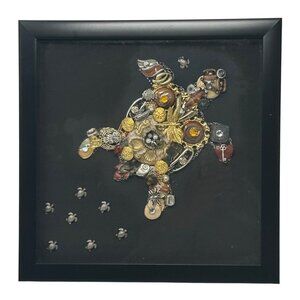 Handcrafted Turtle Wall‎ Art Made From Jewelry & Charms In Black Frame w/ Glass